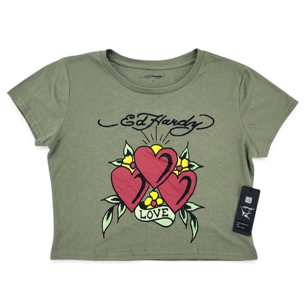 Ed Hardy Y2K Heart Tattoo Graphic Crop Tee Womens L Grunge Coquette 2000s Top